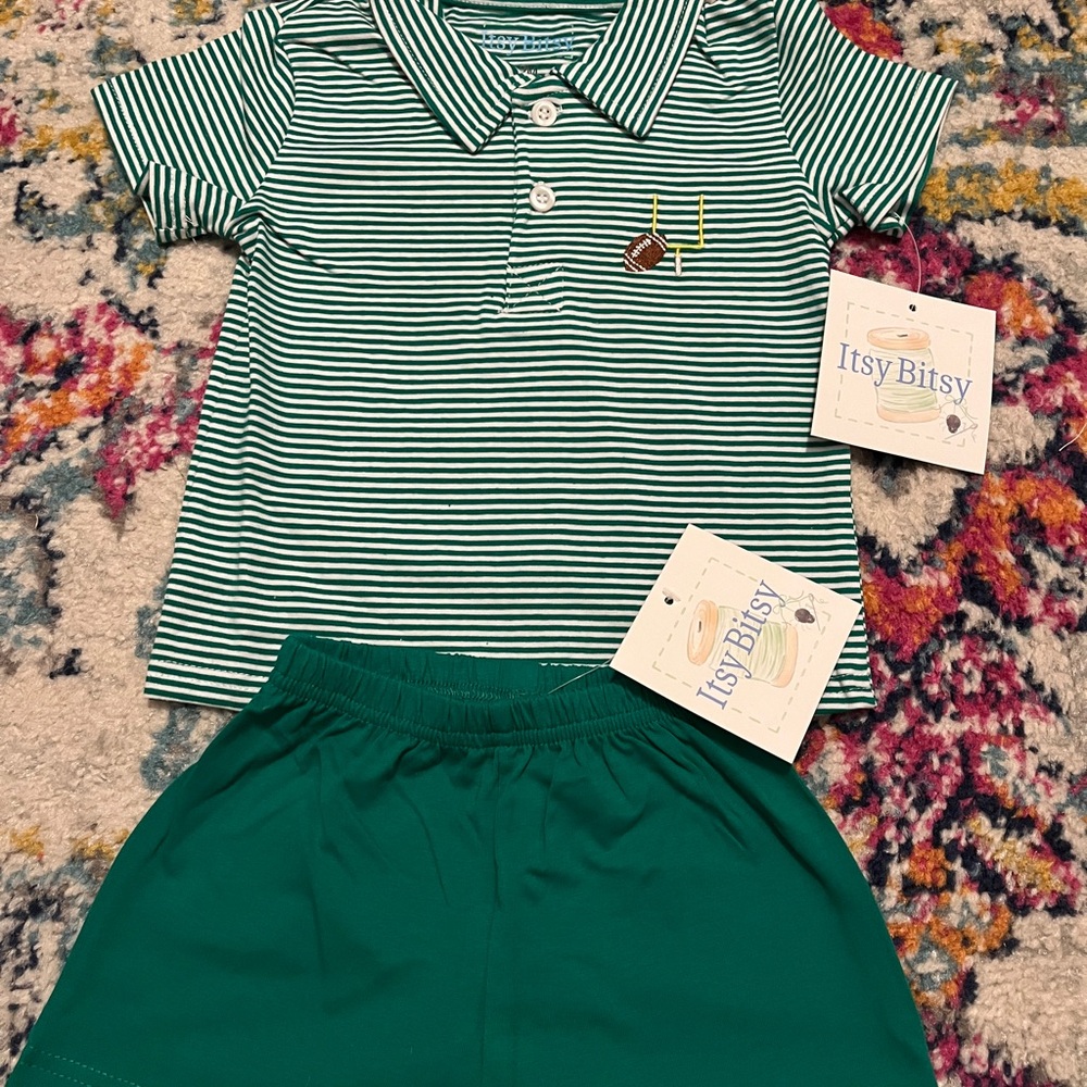 Itsy Bitsy Green Stripe Polo & Shorts Set 12M NWT boy